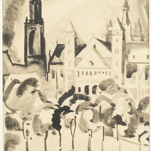 Null 水彩画、粉笔画等。- Harie Jonas (1878-1944), Vrijthof, 东印度墨水，纸上签名 21 x 16 cm-
