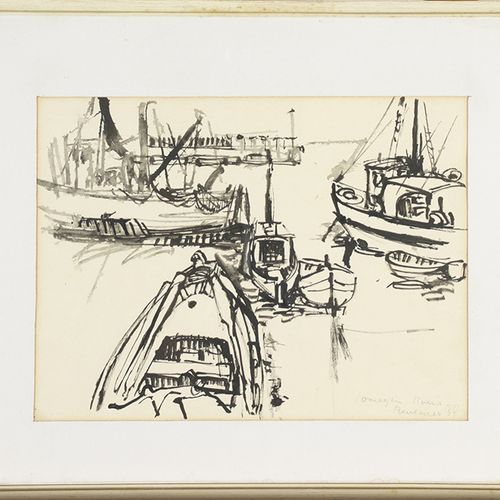 Null 水彩画、粉笔画等。- 港湾中的船只》，纸上水墨，难以辨认的签名，日期为'57 -23,7 x 31,5 cm