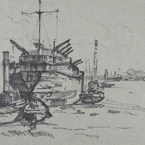 Null Cor Noltee (1903-1967) - Cor Noltee (1903-1967), river with ships, charcoal&hellip;