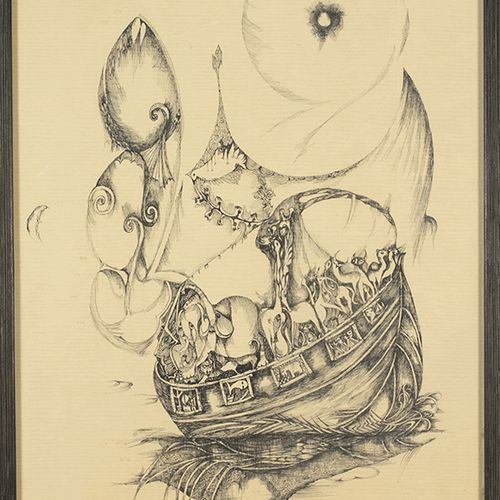 Null 水彩画、粉笔画等。- David Tzur (1930)，《诺亚之弧》，水墨画，签名和日期为'80 -45,5 x 31 cm-。