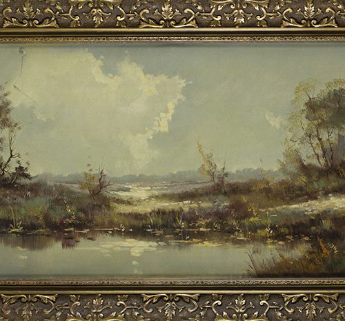 Null Gemälde - Holländische Schule: Heidelandschaft mit Teich, Öl auf Leinwand, &hellip;