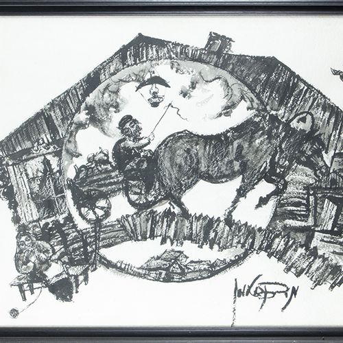 Null 水彩画、粉笔画等。- 摩西-伯恩斯坦（1920-2006），"马和车"，纸上墨水，签名-71 x 100,5 cm-。
