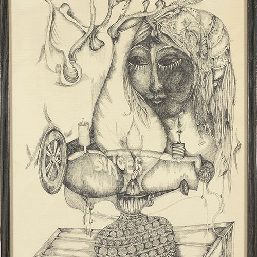 Null 水彩画、粉笔画等。- David Tzur (1930)，《歌手》，水墨画，签名并注明日期'80 -46 x 31,5 cm-