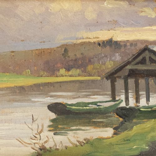 Null 画作 - Edmond Charles Fournier (XIX/Xxe)，湖边的船棚，板面油画，无签名 - 11 x 16,5 cm-