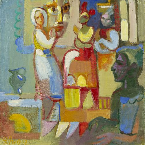 Null Dipinti - Scuola Armena: donne in una casa, olio su tela, illeggibilmente f&hellip;