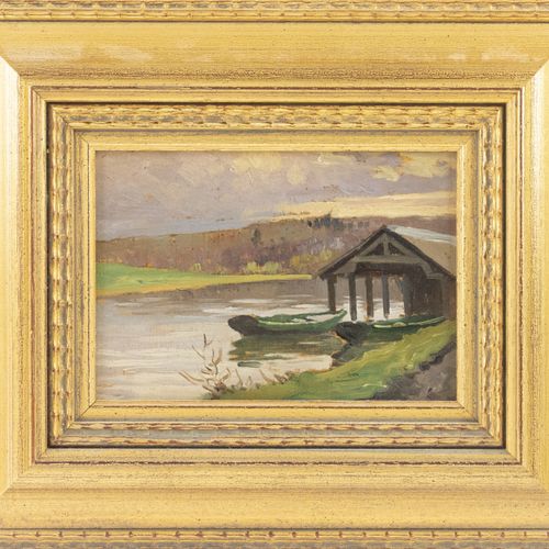 Null Paintings - Edmond Charles Fournier (XIX/Xxe), boat shed near a lake, oil o&hellip;