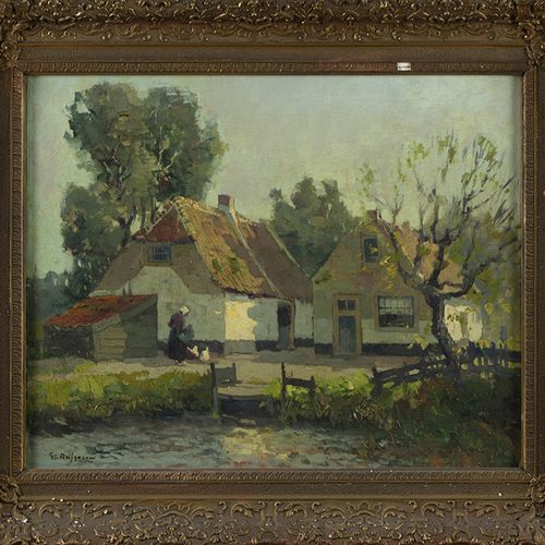 Null 画作 - Gerard Delfgaauw (1882-1947)，农场院子里喂鸡的女人，布面油画，签名 -38.5 x 49.5 cm-。