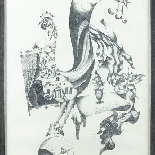 Null 水彩画、粉笔画等。- 摩西-伯恩斯坦（1920-2006），有公鸡和小提琴手的幻想，纸上水墨画，已签名 -71 x 49 cm-。