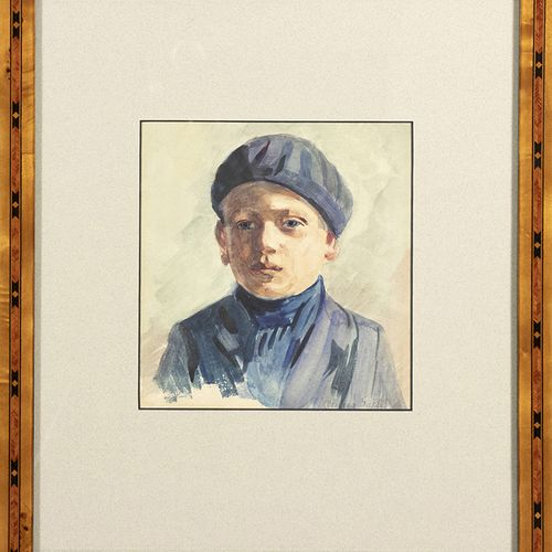 Null 水彩画、粉笔画等。- Olivier Salle (1880-1939)，一个男孩的肖像，纸上水彩画，签名-15 x 14,5 cm-，出处：Brag&hellip;
