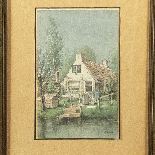 Null 水彩画、粉笔画等。- 佩特鲁斯-约翰内斯-特尼森（1890-1958）。一个在水边房子的花园里洗衣服的女性形象，纸上水彩画，背面注明 "1944年5月&hellip;