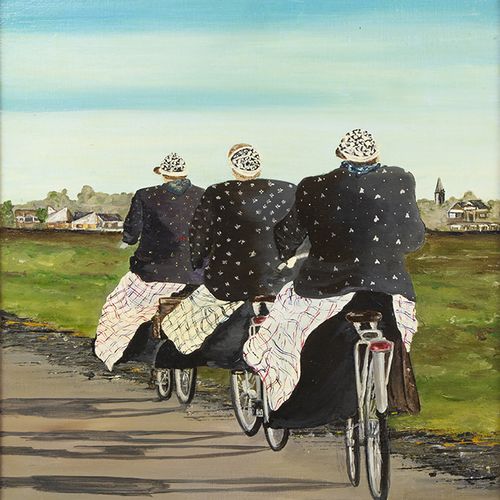 Null 画作--荷兰画派：一对布面油画：身着传统服装的斯帕肯堡/邦绍顿妇女，从后面看是两个走路的妇女，从后面看是三个骑自行车的妇女，没有署名--。