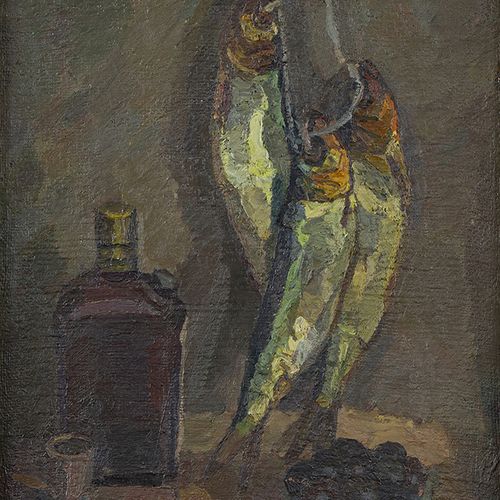 Null 画作 - Simion Rosenstein (1926-2006)，有鱼和瓶子的静物，布面油画，签名 -46 x 38.5 cm-。