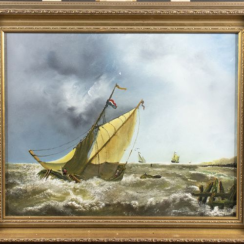 Null 画作 - 荷兰学校：动荡的海面上的帆船，木板油画，20世纪下半叶 -39 x 48,5 cm-。