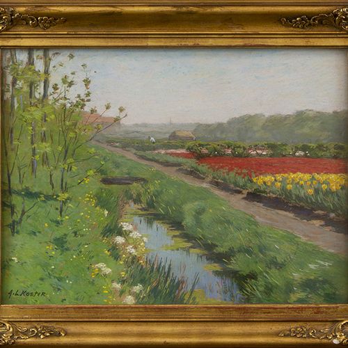 Null Paintings - Anthonie Louis Koster (1859-1937), a tulip field along a road a&hellip;