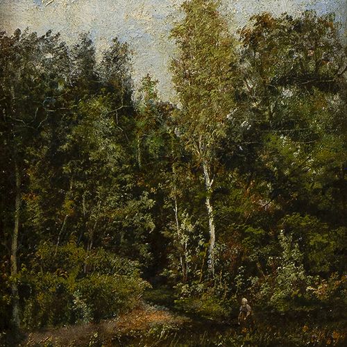 Null 画作--荷兰学校：木质风景，板面油画，19世纪--25,5 x 18,5 cm--。