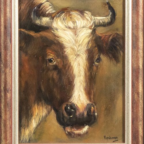 Null 画作 - Hans Mijnsbergen (1945)，牛头，面板油画，签名 -23 x 17 cm-