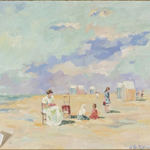 Null 画作 - 阿尔伯特-里戈（笔名）。Luc Stani Antheunis (1950)，阳光海滩上的人物，布面油画，已签名-49 x 59 cm-。