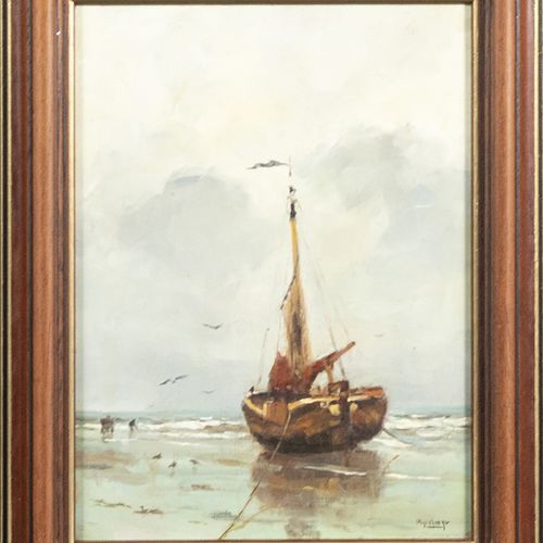 Null 画作 - Hans Mijnsbergen (1945)，海滩上的渔船，板面油画，签名 -23 x 17 cm-
