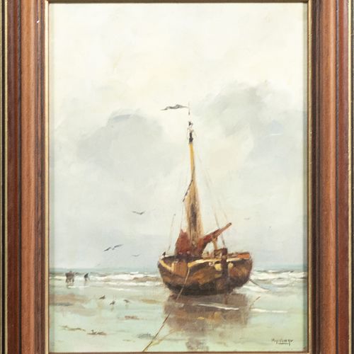 Null Paintings - Hans Mijnsbergen (1945), fishingboat on the beach, oil on panel&hellip;