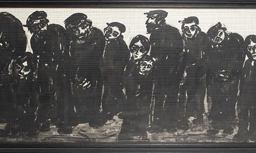 Null 水彩画、粉笔画等。- 摩西-伯恩斯坦（1920-2006），《出埃及记》，纸上墨水，已签名-50 x 150 cm-。
