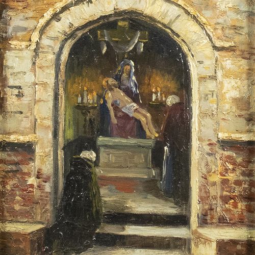 Null Peintures - Frans van Genesen (1887-1945), femme agenouillée à l'entrée d'u&hellip;