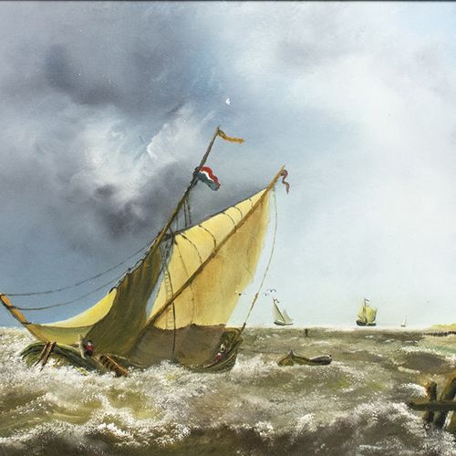 Null Gemälde - Holländische Schule: Segelboote auf rauer See, Öl auf Karton, zwe&hellip;