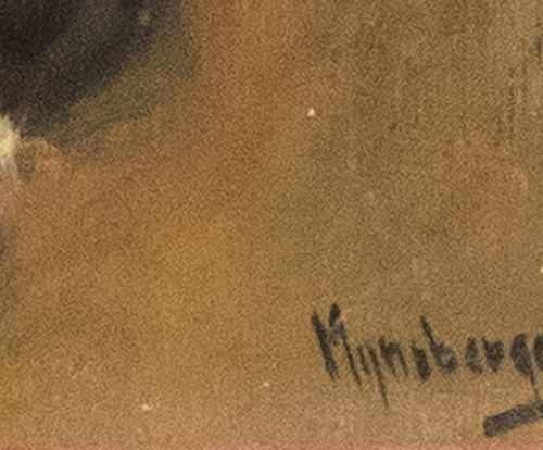 Null Paintings - Hans Mijnsbergen (1945), cows head, oil on panel, signed -23 x &hellip;