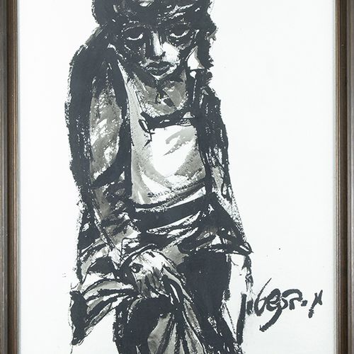 Null 水彩画、粉笔画等。- 摩西-伯恩斯坦(1920-2006)，孤儿，纸上墨水，签名-97 x 65 cm-。