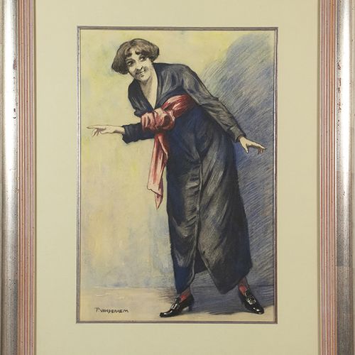 Null 水彩画、粉笔画等。- 皮特-凡-德-赫姆（1885-1961），胸前挂着红色腰带的优雅女人，混合媒体，已签名-45 x 30 cm-。
