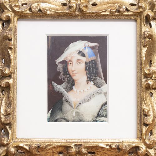 Null 水彩画、粉笔画等。- 荷兰学校：一个女人的微型肖像，仿照16世纪的肖像，象牙上的水彩，大约1840年-8,5 x 6厘米-。