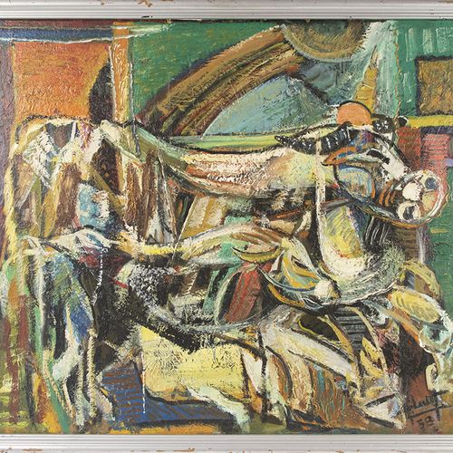 Null 画作 - Ahmed Loutfi：抽象画，木板油彩，背面有1956年威尼斯国际艺术博览会的标签（可能不是原作），有签名和1953或1958年的日期 &hellip;