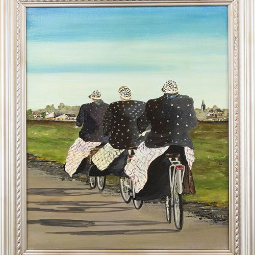 Null 画作--荷兰画派：一对布面油画：身着传统服装的斯帕肯堡/邦绍顿妇女，从后面看是两个走路的妇女，从后面看是三个骑自行车的妇女，没有署名--。