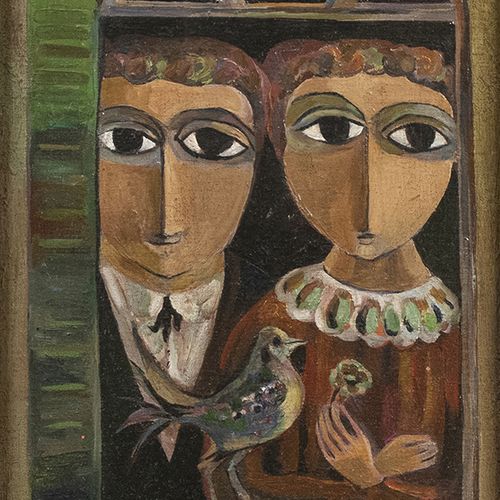 Null Paintings - Yosl Bergner (1920-2017), couple at window, oil on canvas, sign&hellip;