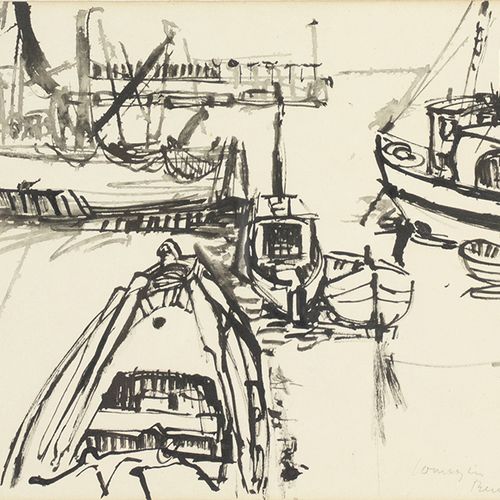 Null 水彩画、粉笔画等。- 港湾中的船只》，纸上水墨，难以辨认的签名，日期为'57 -23,7 x 31,5 cm
