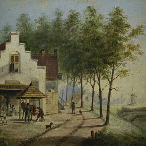 Null Gemälde - Holländische Schule: Hufschmied-Werkstatt, Öl auf Tafel, Mitte 19&hellip;