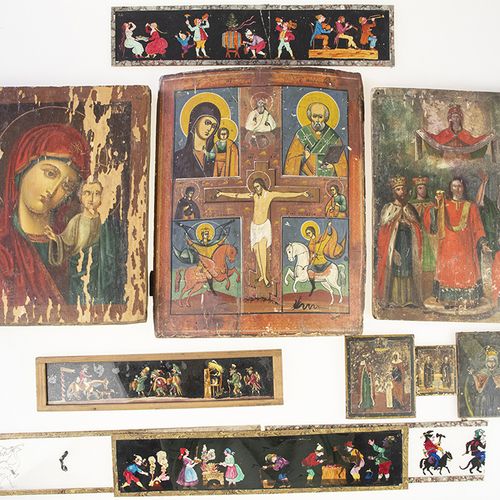 Null 圣像 - 三个小的和三个大的俄罗斯圣像画在木头上，另外：五个细长的玻璃板，上面画着骑着动物的人物，人物在跳舞等。最大的图标：35 x 28厘米，相当大&hellip;
