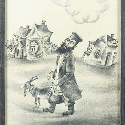 Null 水彩画、粉笔画等。- Henryk Hechtkopf (1910-2004), 人与山羊，混合媒体，签名 -52,5 x 37 cm-。