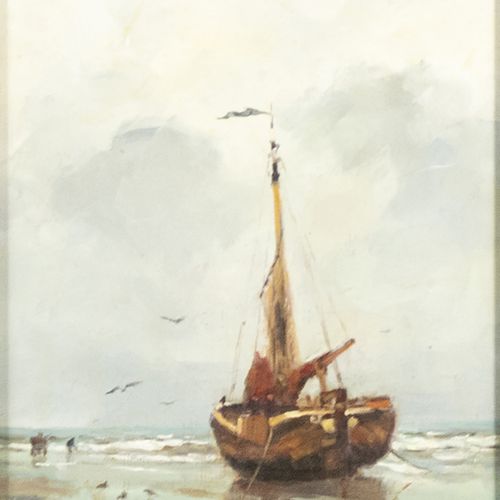 Null Dipinti - Hans Mijnsbergen (1945), peschereccio sulla spiaggia, olio su tav&hellip;