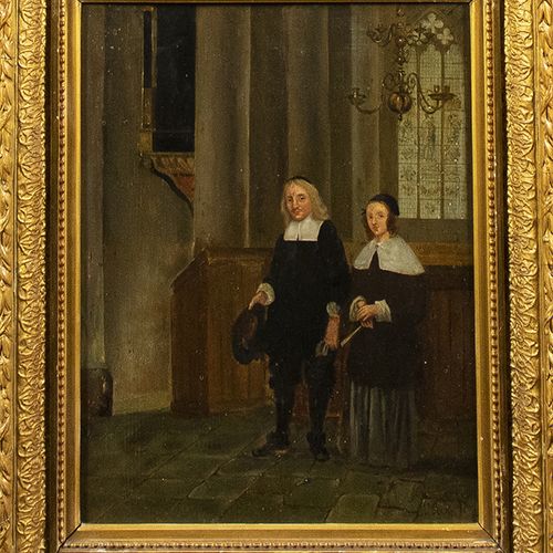 Null 油画--荷兰学校：教堂内部，有穿着17世纪服装的男人和女人，板面油画，签名不清楚--23,5 x 26 cm--。