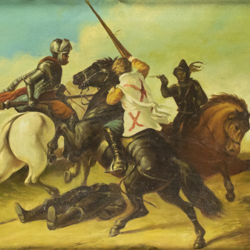 Null Paintings - Horsemen in battle, oil on canvas, unsigned, 20th century -43 x&hellip;