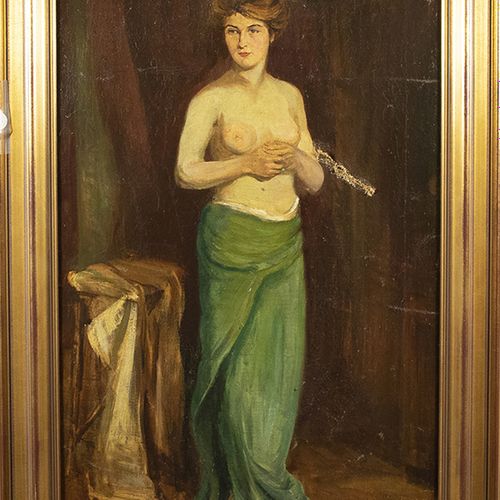 Null Peintures - École d'Europe occidentale : femme debout aux seins nus, huile &hellip;