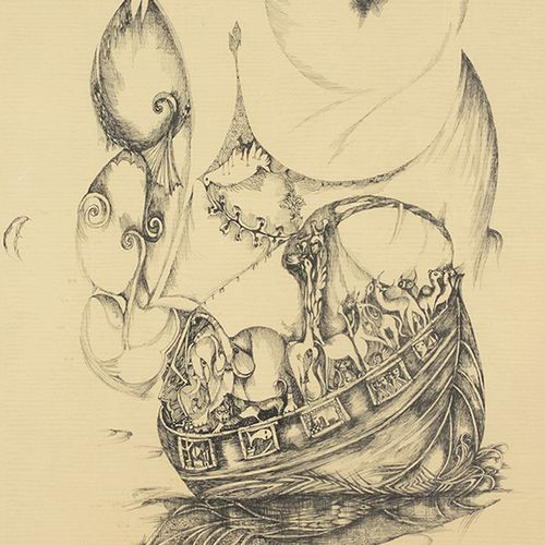 Null 水彩画、粉笔画等。- David Tzur (1930)，《诺亚之弧》，水墨画，签名和日期为'80 -45,5 x 31 cm-。