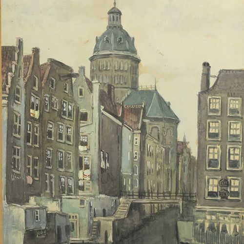 Null 水彩画、粉笔画等。- Kees Terlouw (1890-1948)，"阿姆斯特丹的Kolkje "的景色，水粉画，已签名 - 42 x 27 cm&hellip;