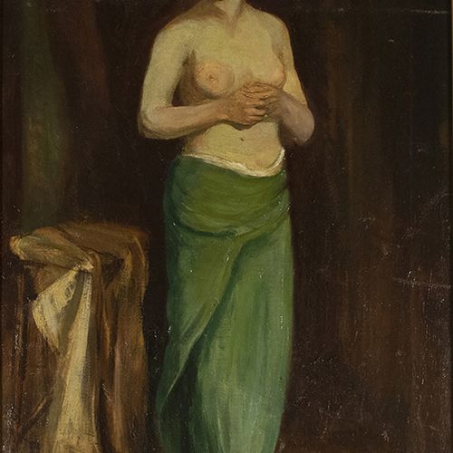 Null Peintures - École d'Europe occidentale : femme debout aux seins nus, huile &hellip;