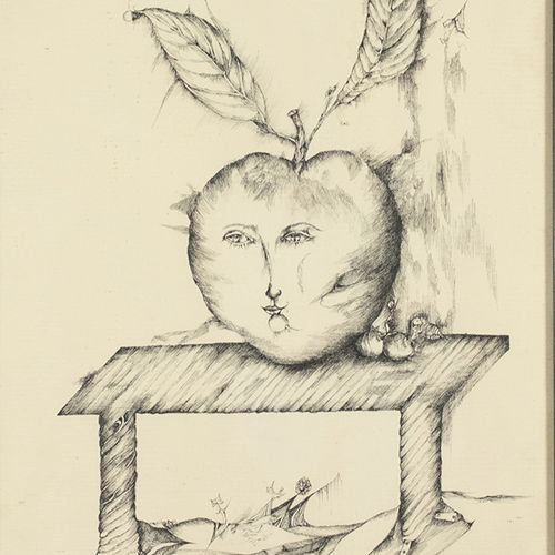 Null 水彩画、粉笔画等。- David Tzur (1930)，《大苹果》，水墨画，签名并注明日期'76-39,5 x 29,5 cm-