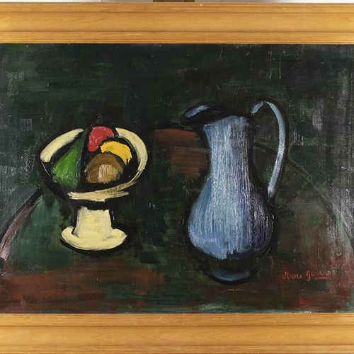 Null Paintings - Nicole Grisard (1938-2016), abstract still life, jug with fuit &hellip;