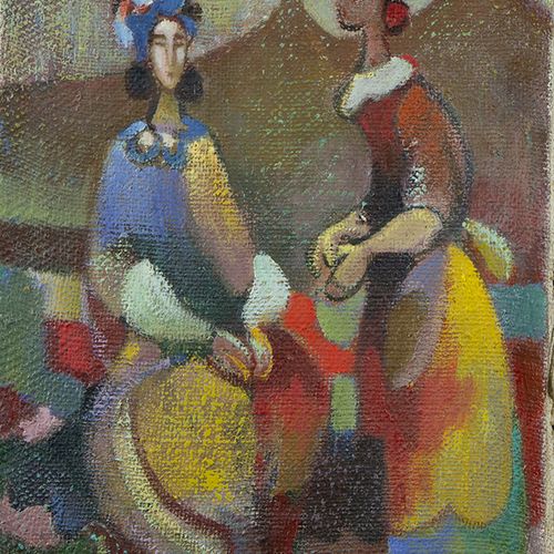 Null Dipinti - Scuola Armena: due donne che parlano, olio su tela, firmato e dat&hellip;