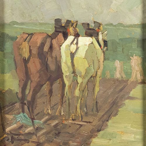 Null Gemälde - Guillaume Eberhard (1879-1949), Zwei Pferde pflügen ein Feld, Öl &hellip;