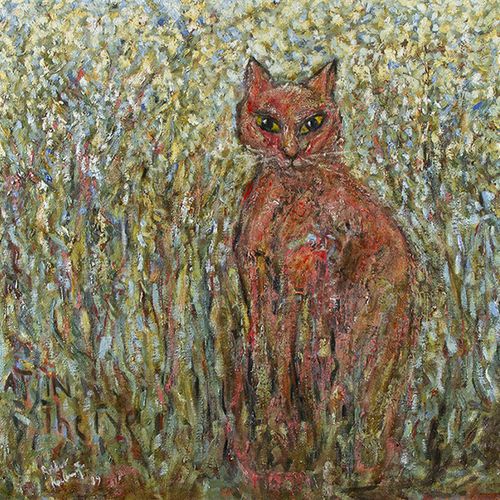 Null 画作--《麦田里的猫》，布面油画，签名不清晰--68,5 x 79 cm--。