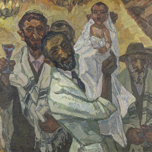 Null 画作 - Simion Rosenstein (1926-2006), brit milah, 布面油画，签名 -63 x 80 cm-。